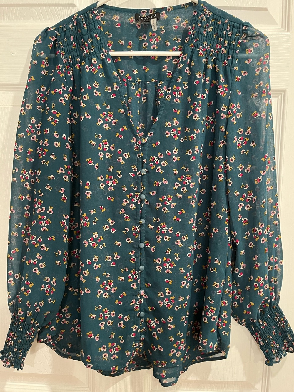 1. State Teal Floral Button-Down Blouse